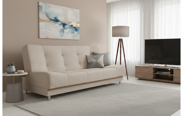 Wersalka Olivia w kolorze kremowym na sprężynach z funkcją spania i pojemnikiem